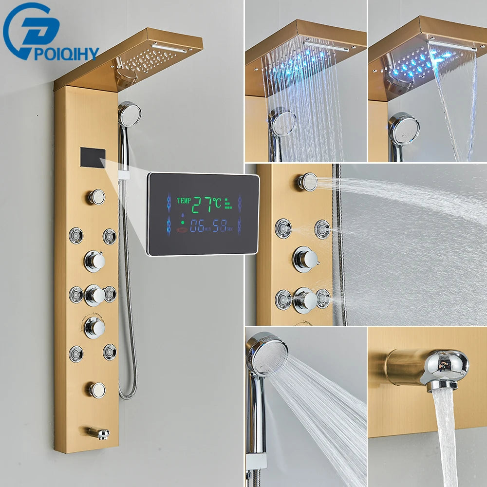 Black Bathroom Shower Panel Column Golden Rain Waterfall Shower Faucet Bidet Sprayer Tap SPA Massage Jet LED Bath Shower Set