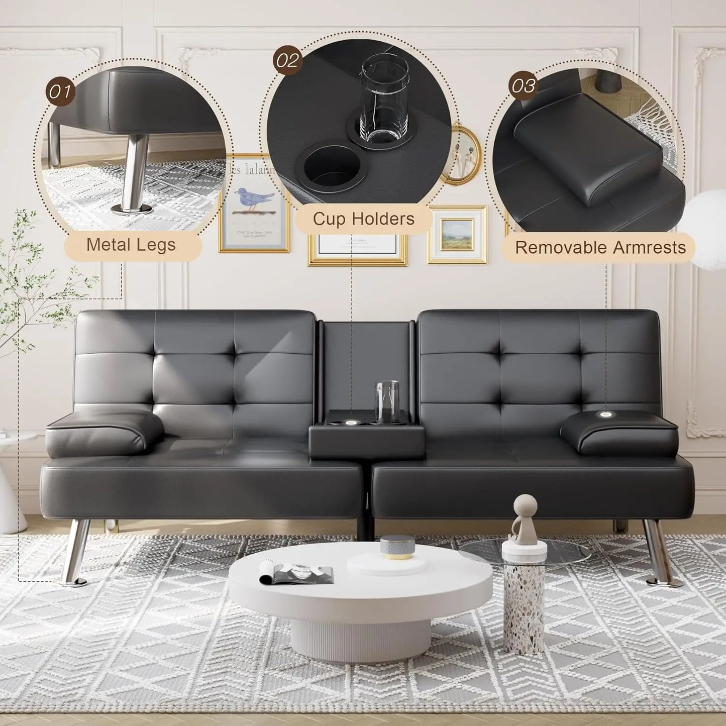 XMSJ Convertible Folding Futon Sofa Bed Sleeper Couch Faux Leather
