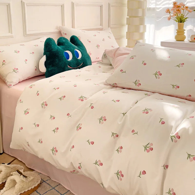 3-piece Knitted And Washed Double-layer Yarn Set Including One Quilt Cover And A Pair Of Pillowcases