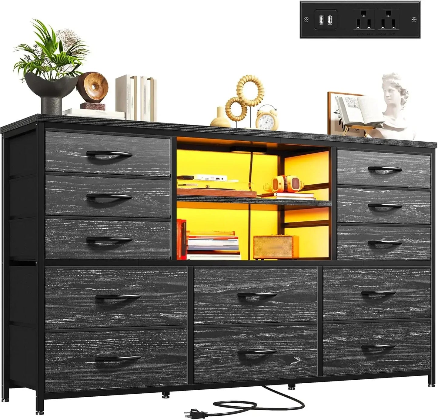 LED Light and Power Outlet Dresser TV Stand With Drawers