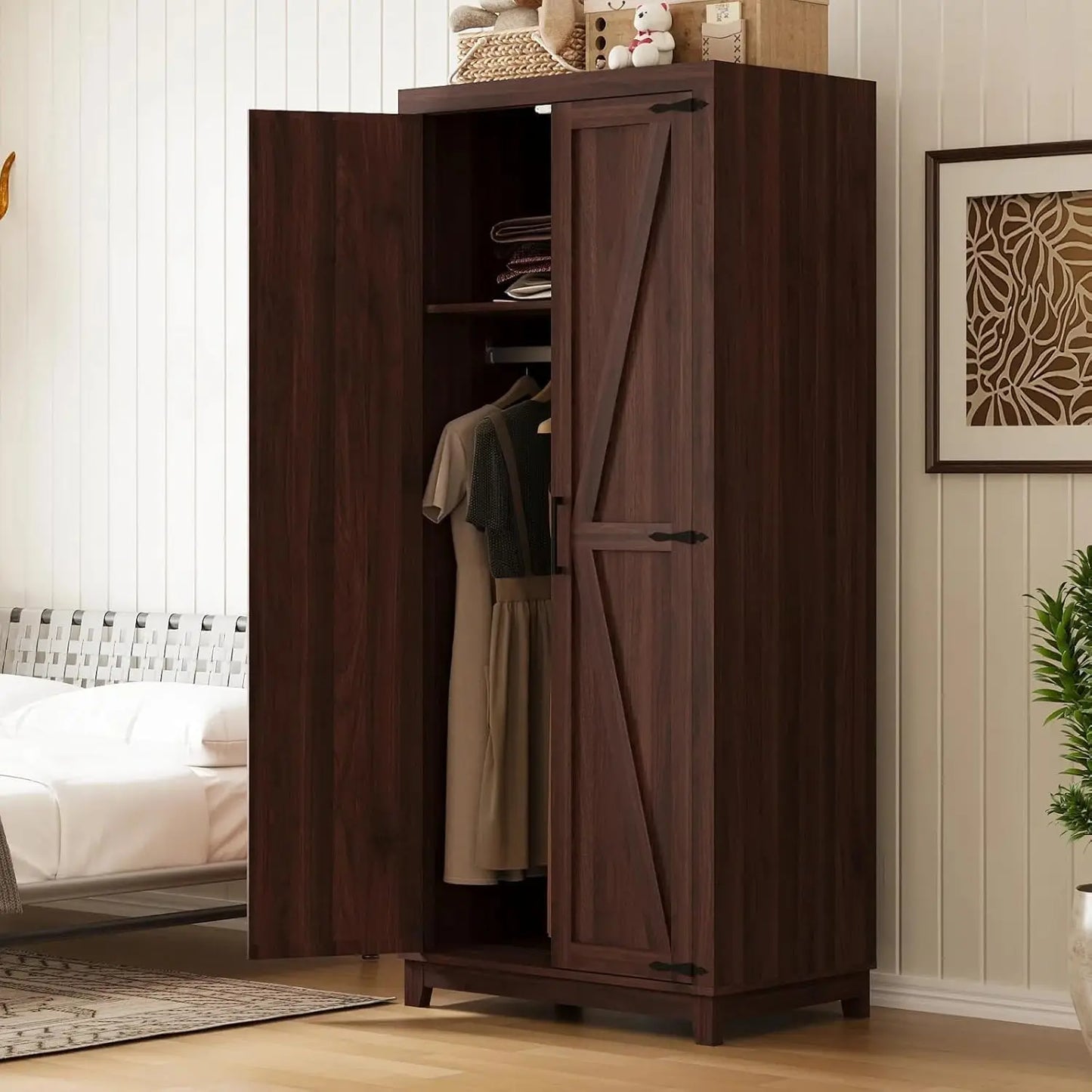 70" Tall Wardrobe Closet with Doors and Shelves, Hanging Clothes Storage Cabinet with Rods, Large Bedroom Armoire, Customized
