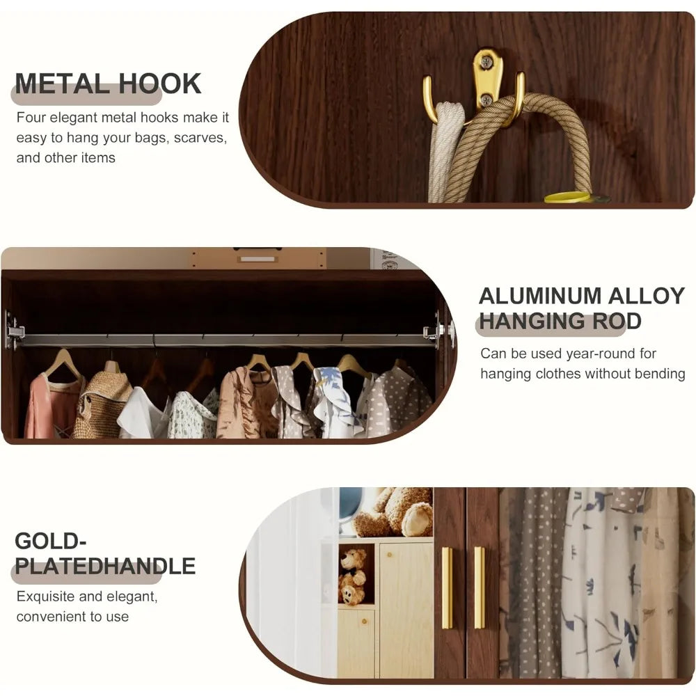 Wooden Farmhouse Armoire Wardrobe With Mirror Freestanding Closet