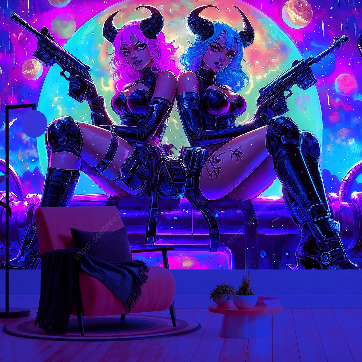 Vibrant Psychedelic Dual Warrior Girls Cosmic UV Tapestry Bohemian Bedroom Outdoor Wall Art Decor with Rainbow Galaxy Design