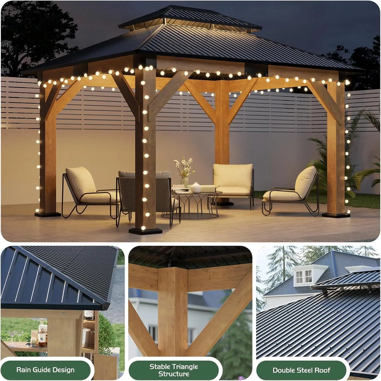 10x12 Wood Gazebo, Hardtop Gazebo with Spruce Frame and Double Metal Roof, Outdoor Pergola for Parties, Backyard, Patio, Lawns,