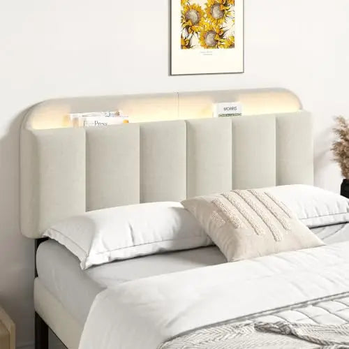 Adjustable Headboard for King/California King Size Bed Frame, Linen Fabric Bed Headboard with Storage & RGB LED Light