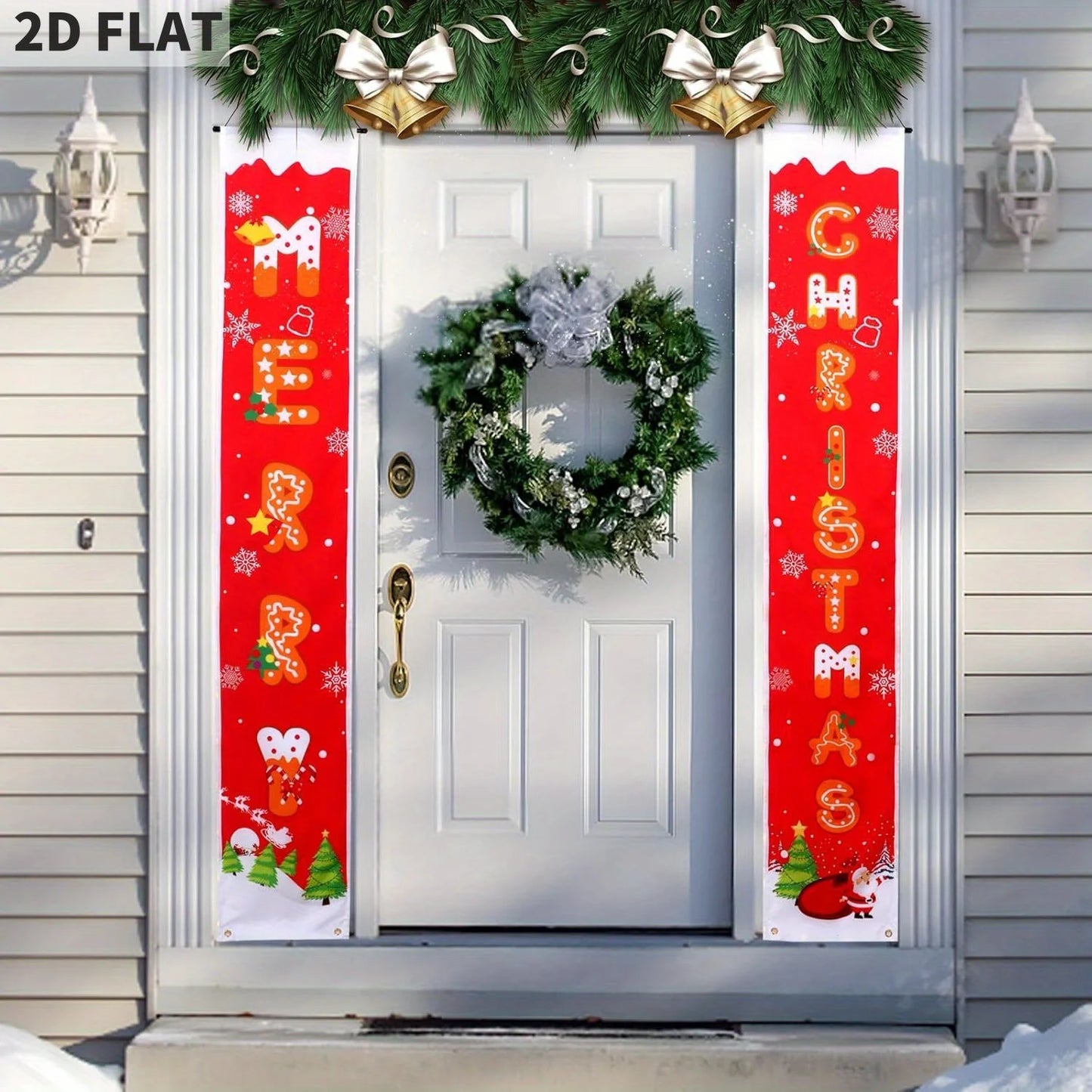 Christmas Decorations Banners with String Lights, Pattern Merry Christmas Party Decor, Bright Red Xmas Hanging Banner for Front