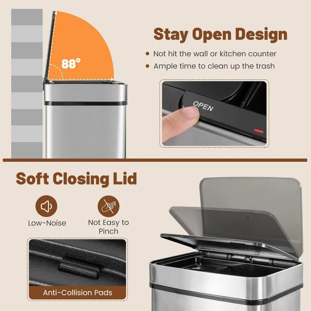 Stainless Steel 19 Gal Kitchen Trash Can With Motion Sensor