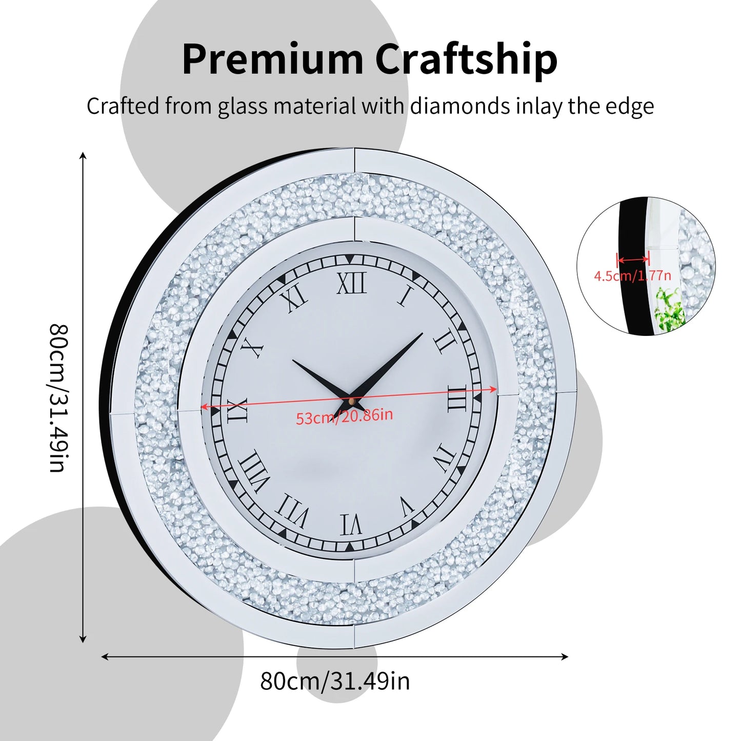 Glam Sparkle Bling Silver Round Mirror Wall Clock Decor