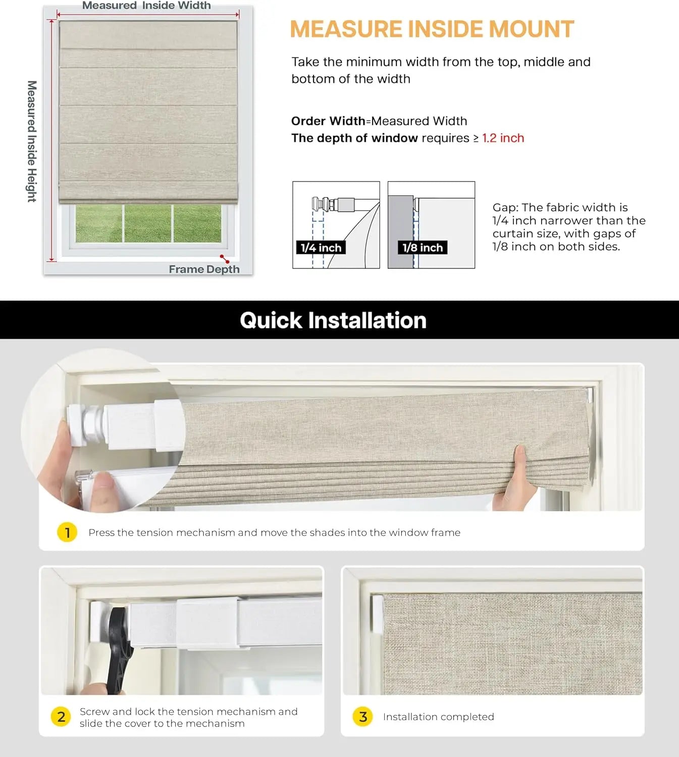 No Drill Cordless Roman Shades, Blackout Thermal Insulated UV Blocking Window Blinds, Lightweight Fabric for Indoor Windows