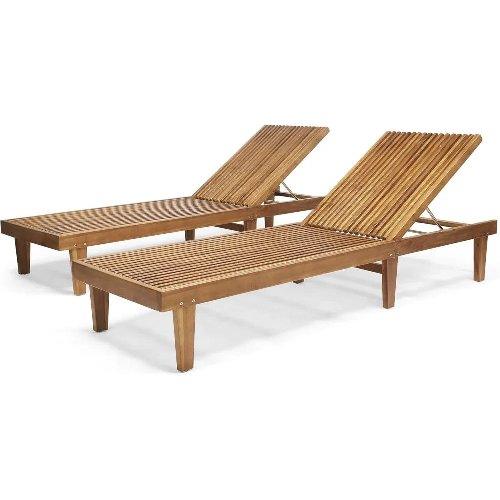 Outdoor Wooden Chaise Lounge, Set of 2 with Teak Finish, Pool Recliner Lounge Chairs