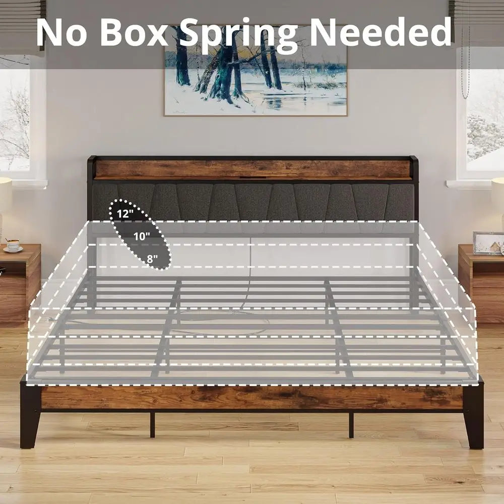 California King Bed Frames, Storage Headboard with Charging Station, Solid and Stable, Noise Free, No Box Spring Needed, Easy As