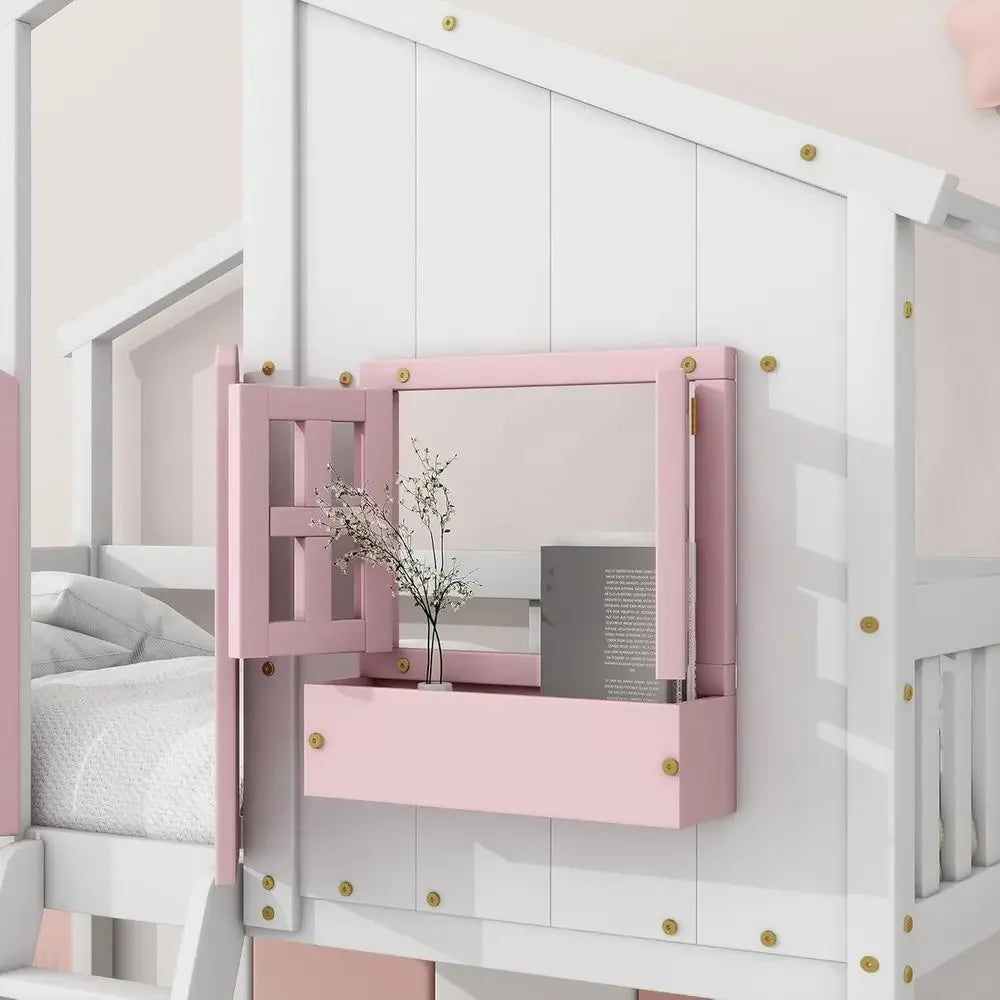 Twin-Size Loft Bunk Bed with Room, Storage, and Window for Kids, Pink and White
