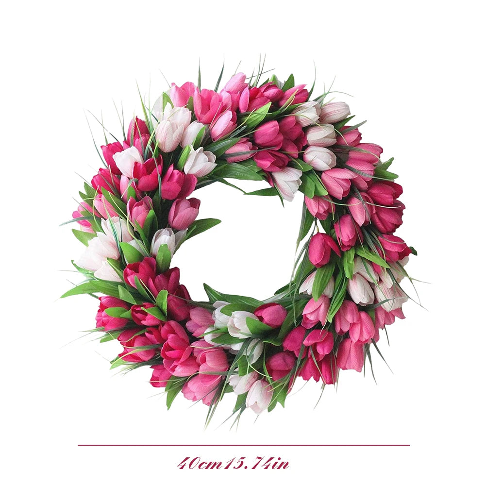 15.7inch Tulip Wreath for Front Door Spring Wreath Artificial Flower Wreath with Tulips for Wall Window Party Wedding Decor