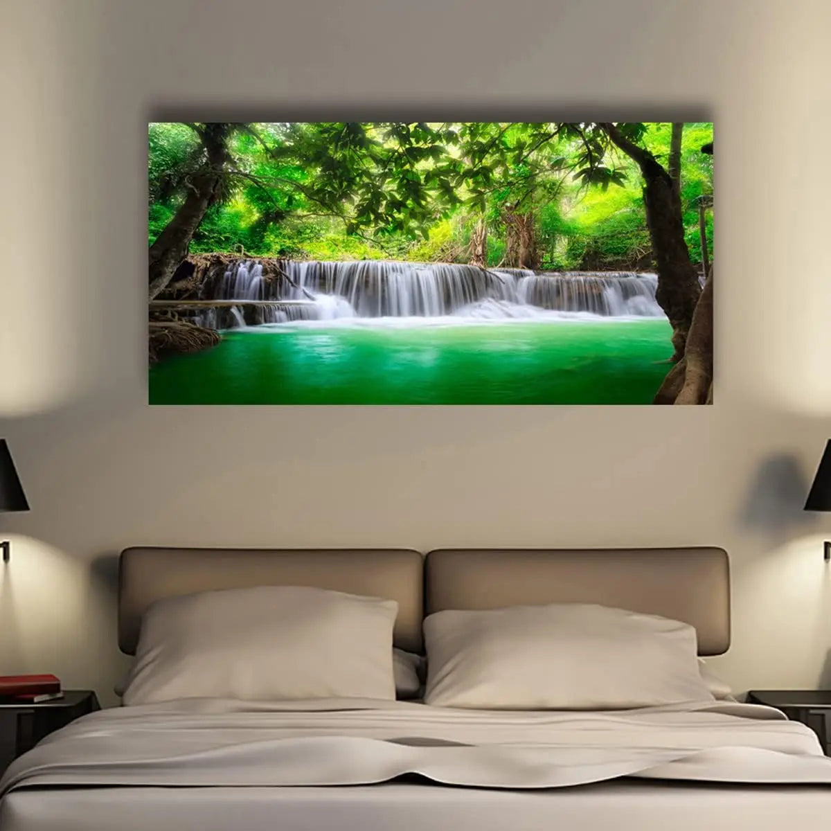 Waterfall Tree Landscape Canvas Wall Art, 50x100cm Framed Painting for Living Room Decor, Waterproof Ready to Hang
