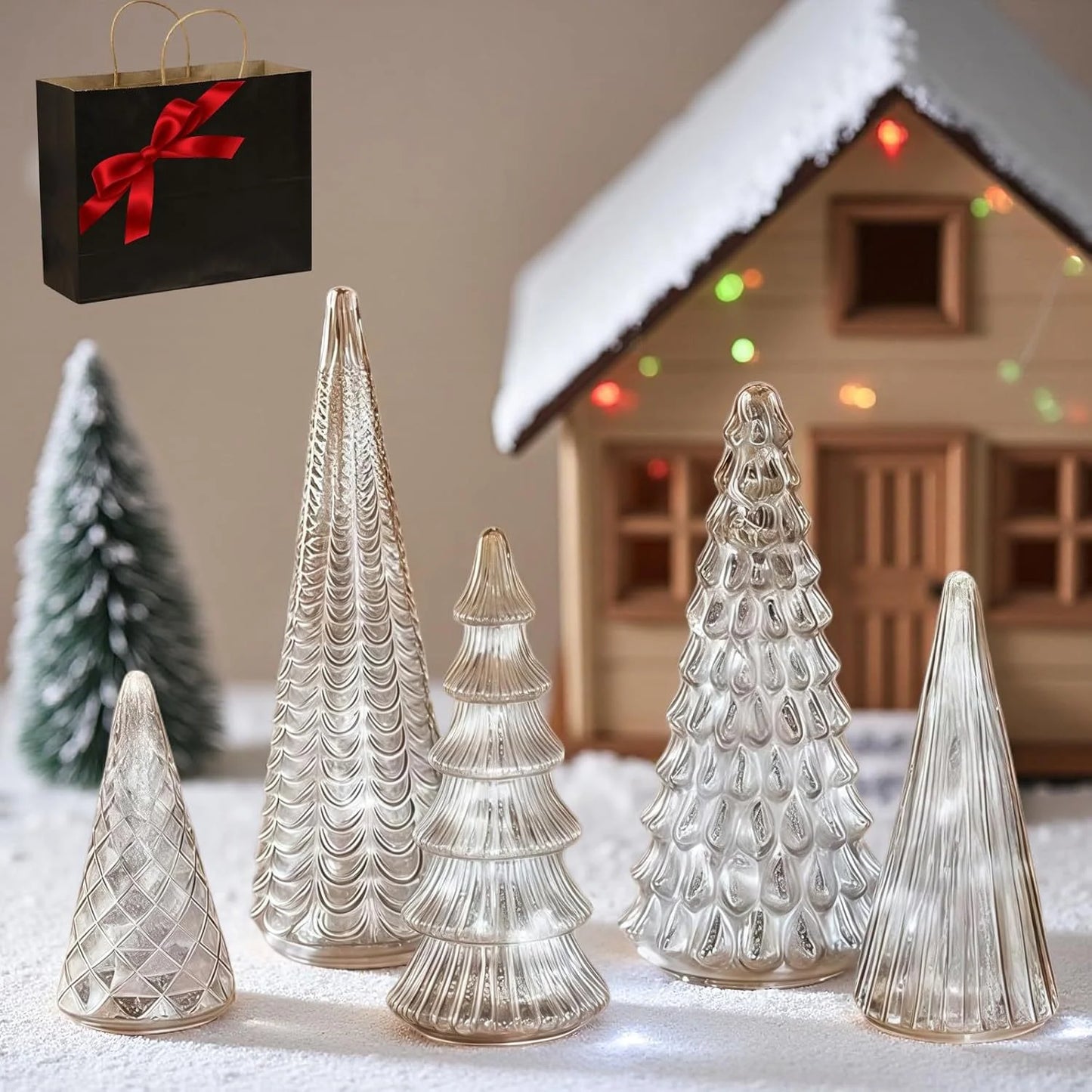 Set of 5 Illuminated Mercury Glass Trees With Light Versatile LED Christmas Trees For Tabletop DIY Decoration Desktop Ornament