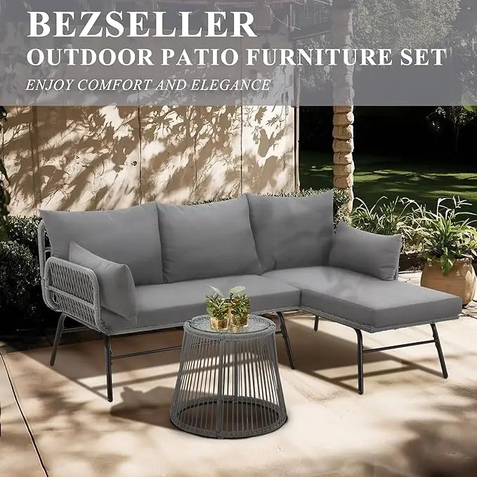 XIUWO Outdoor Patio Furniture Set L-Shaped Rattan Sofa With Table