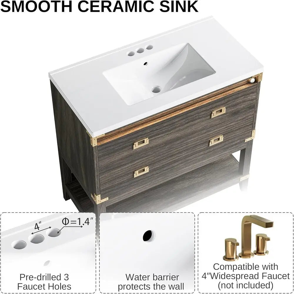 Ironck 36 Inch Wood Vanity With 2 Drawers Ceramic Sink