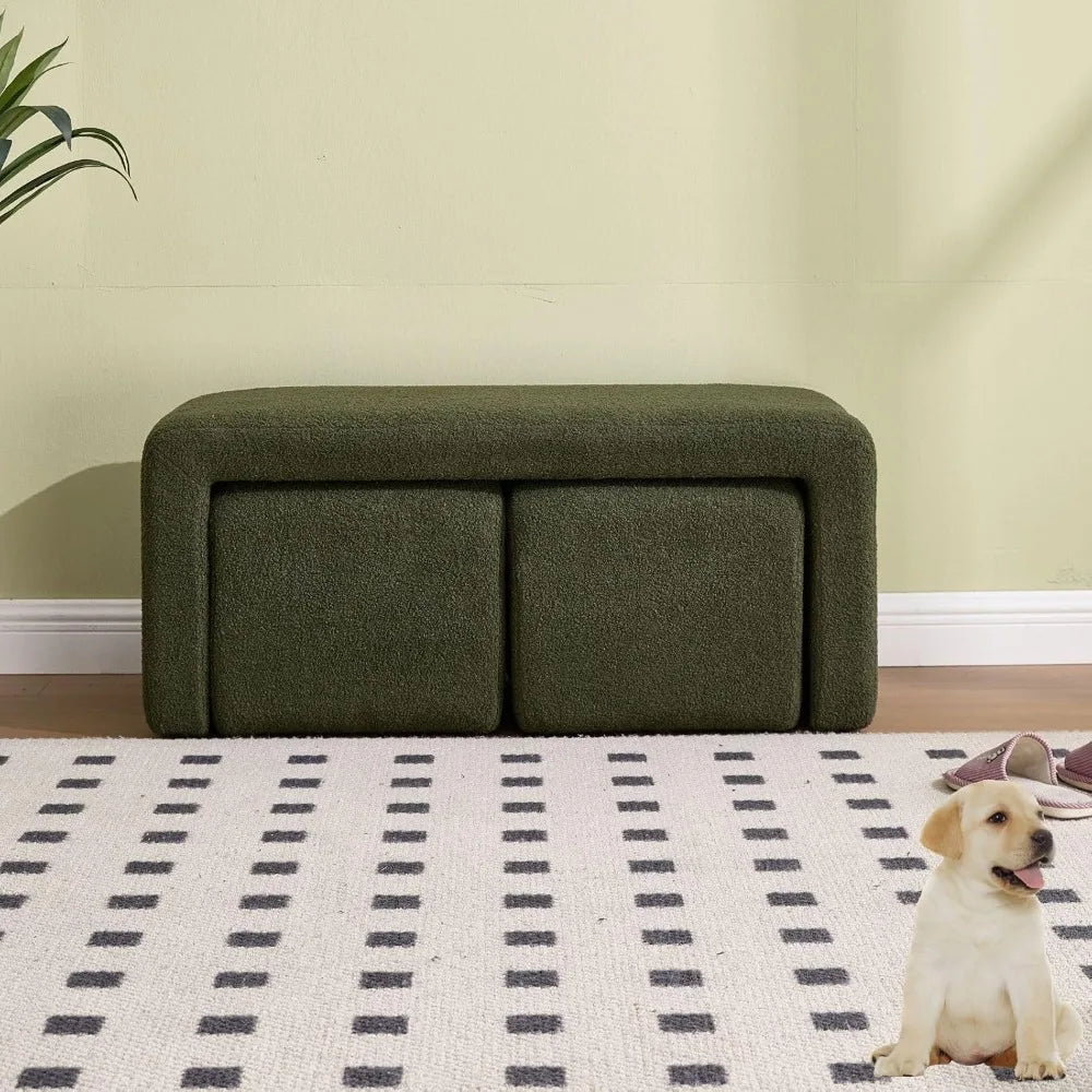 Three Piece Nesting Ottoman Bench Set Sherpa Upholstered