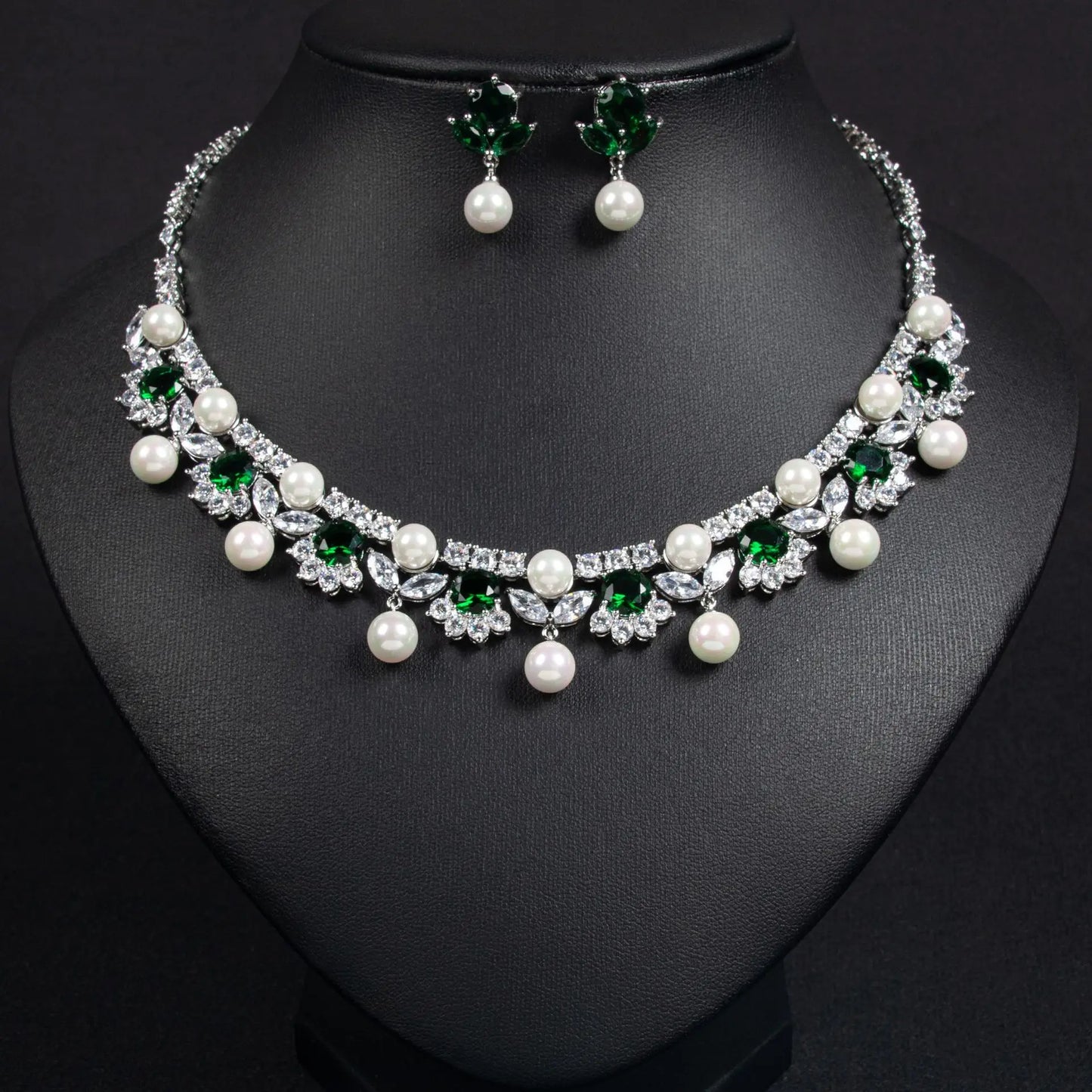 HIBRIDE Pearl Zirconia Ladies Jewelry Necklace Earrings Set