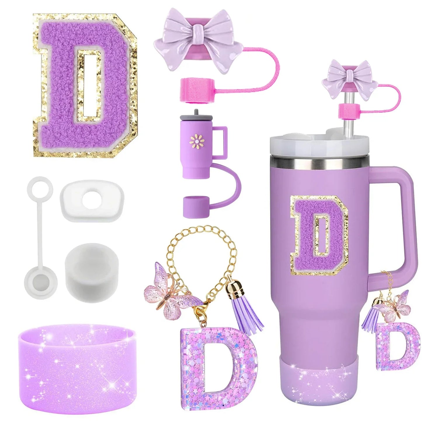 8PCS Accessories Set for Stanley Cup Purple 30oz 40oz tumbler Silicone Straw Topper Cover Cap Boot Handle Charm Initials Sticker