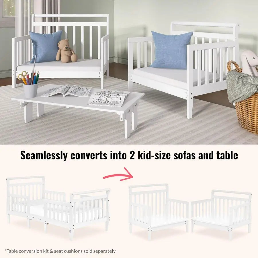 Emma 3in1 Convertible Wooden Toddler Bed in White, Baby Safety Alliance Certified, LowtoFloor Design, Solid Pinewood with Safety