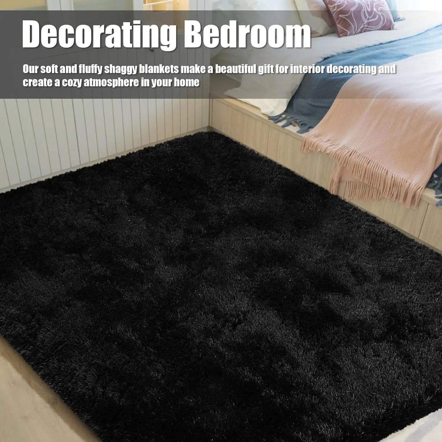 Fluffy Shag Area Rug 8x10, Non-Shedding Soft Carpet for Living Room Bedroom Kids Nursery, Black Fuzzy Indoor Plush Home Decor