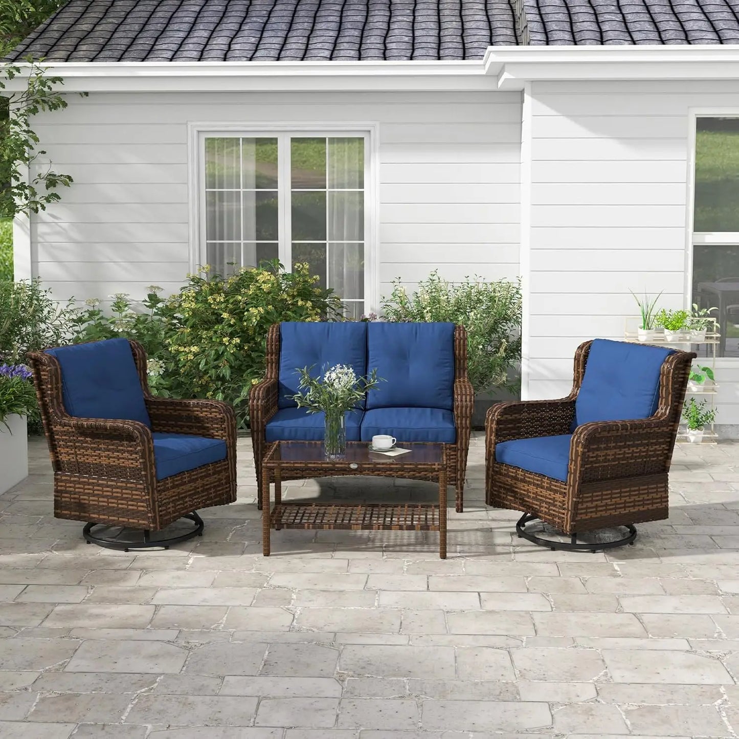4 Piece PE Rattan Outdoor Patio Furniture Set, Wicker Conversation Set with 2 Swivel Glider Chairs, 2-Tier Glass, Customized