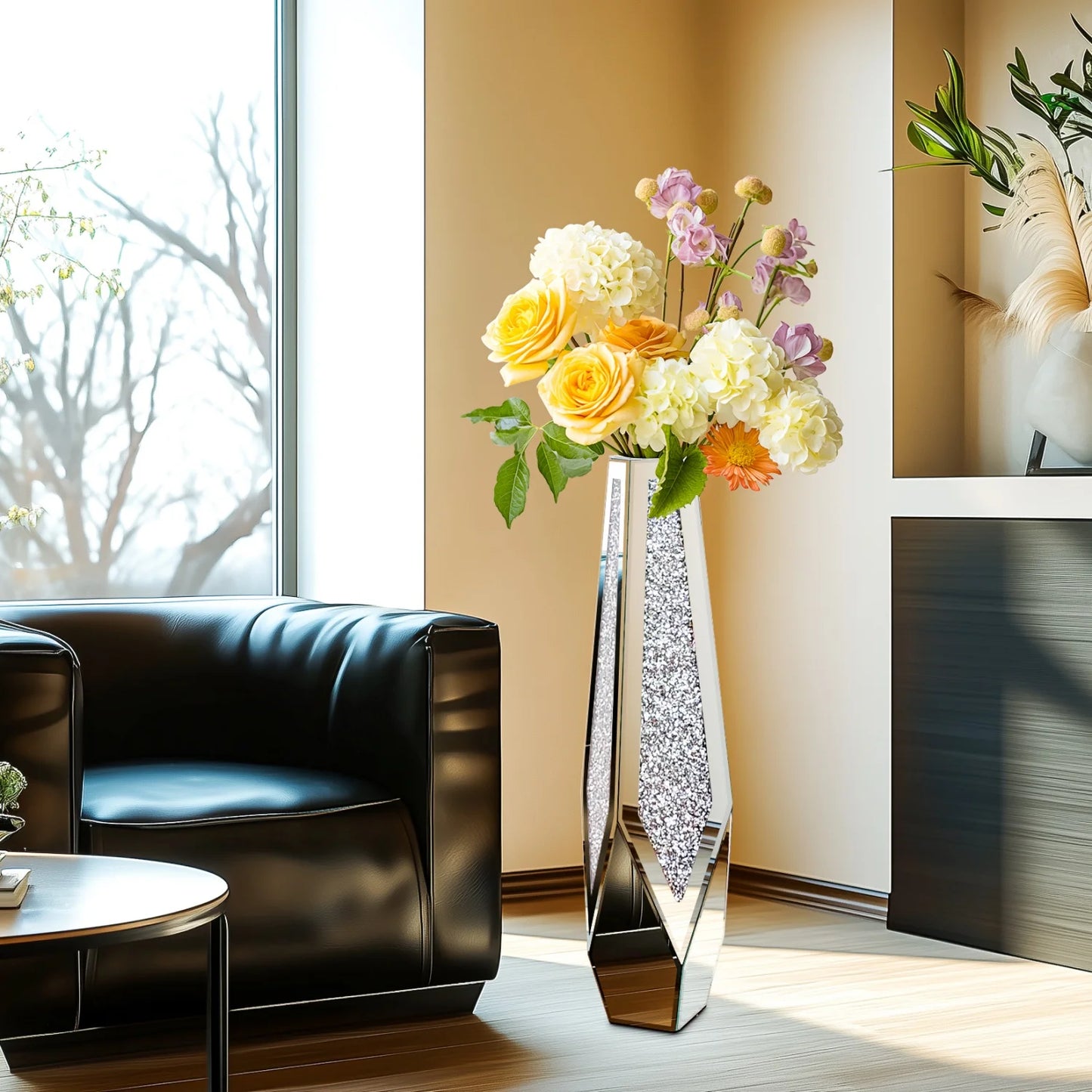 2 Shapes 68CM Crushed Diamond Decorative Mirrored Floor Vase Crystal Silver Glass Flower Vase for Pampas Grass Artificial Flower
