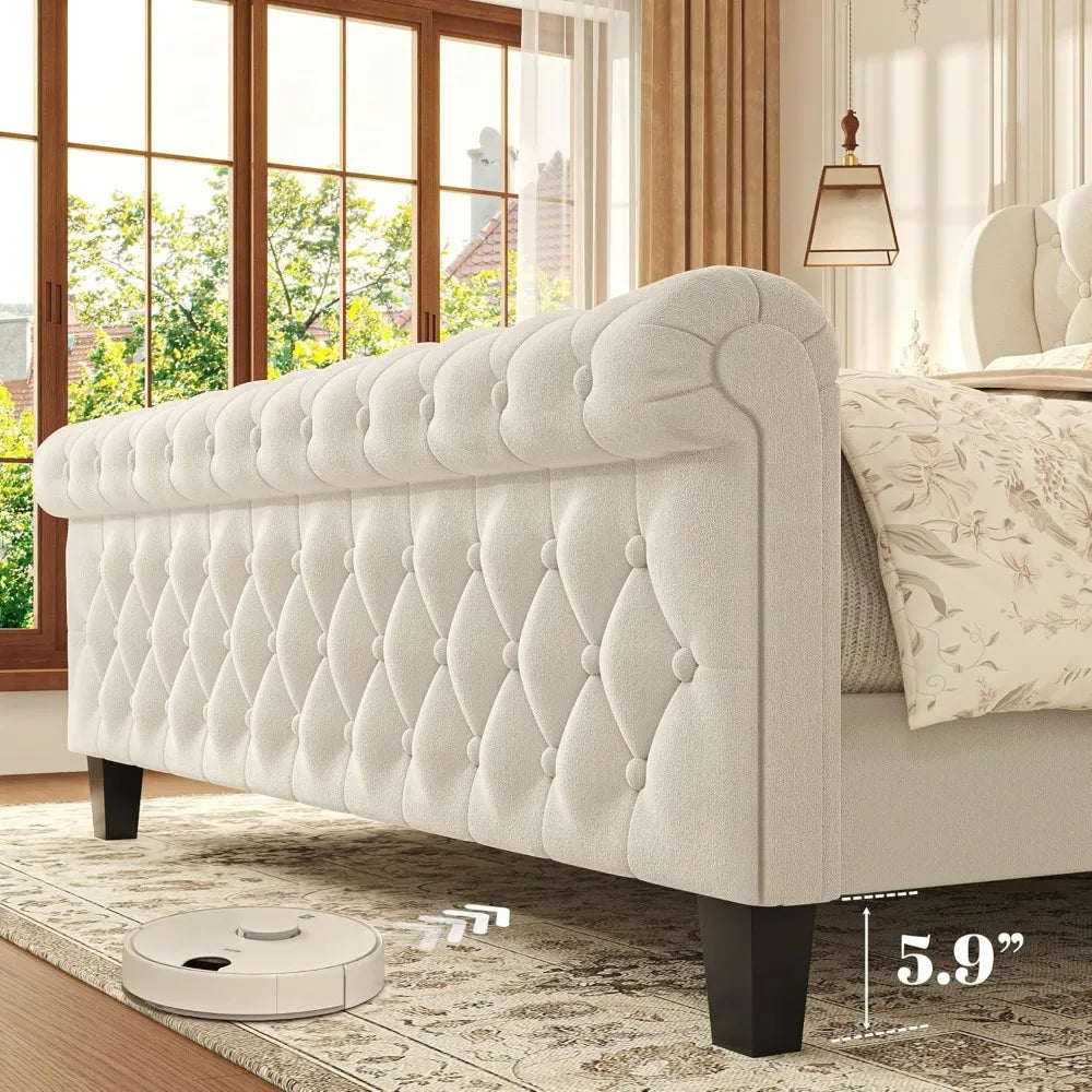 Queen Platform Bed Frame, Velvet Upholstered Sleigh Bed with Wingback Tufted Headboard and Footboard, Quiet & Stable Support