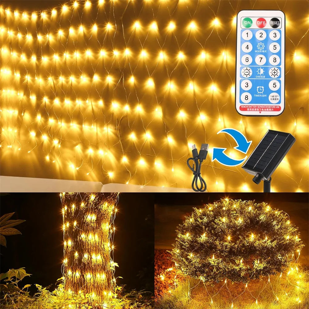 Solar Mesh Net Light Waterproof Garland Outdoor Led String Light 8 Mode 3M X 2M For New Year Decor Christmas Decorations 2025
