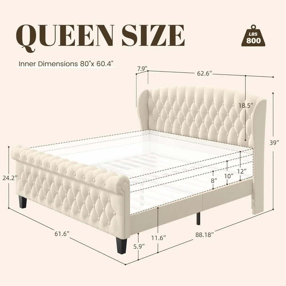 Queen Platform Bed Frame, Velvet Upholstered Sleigh Bed with Wingback Tufted Headboard and Footboard, Quiet & Stable Support