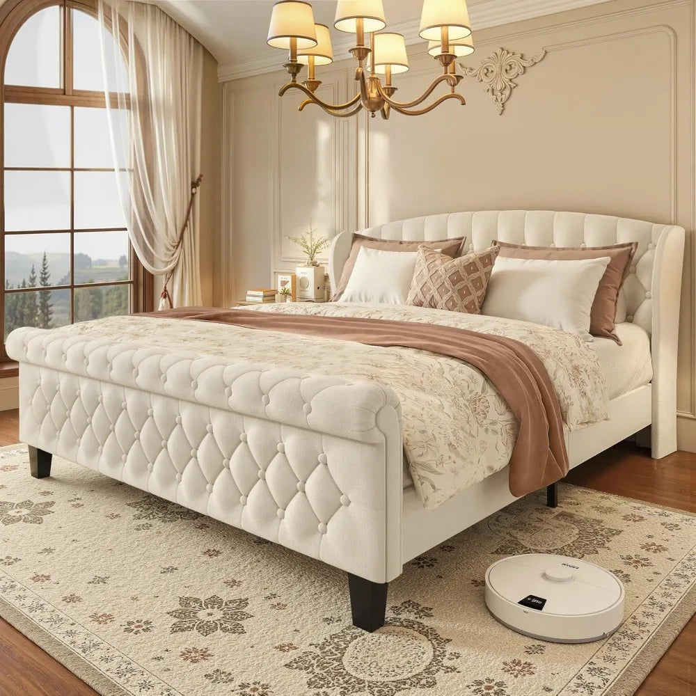 Queen Platform Bed Frame, Velvet Upholstered Sleigh Bed with Wingback Tufted Headboard and Footboard, Quiet & Stable Support