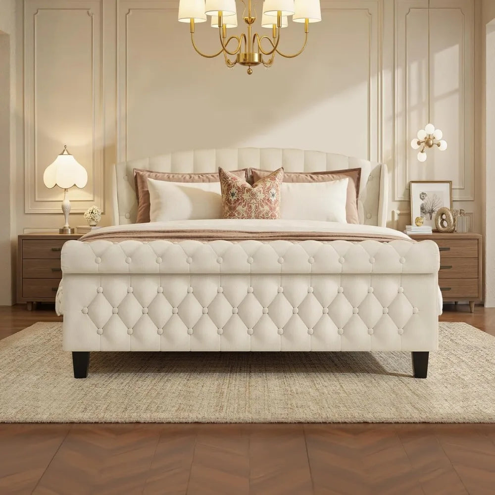 Queen Platform Bed Frame, Velvet Upholstered Sleigh Bed with Wingback Tufted Headboard and Footboard, Quiet & Stable Support