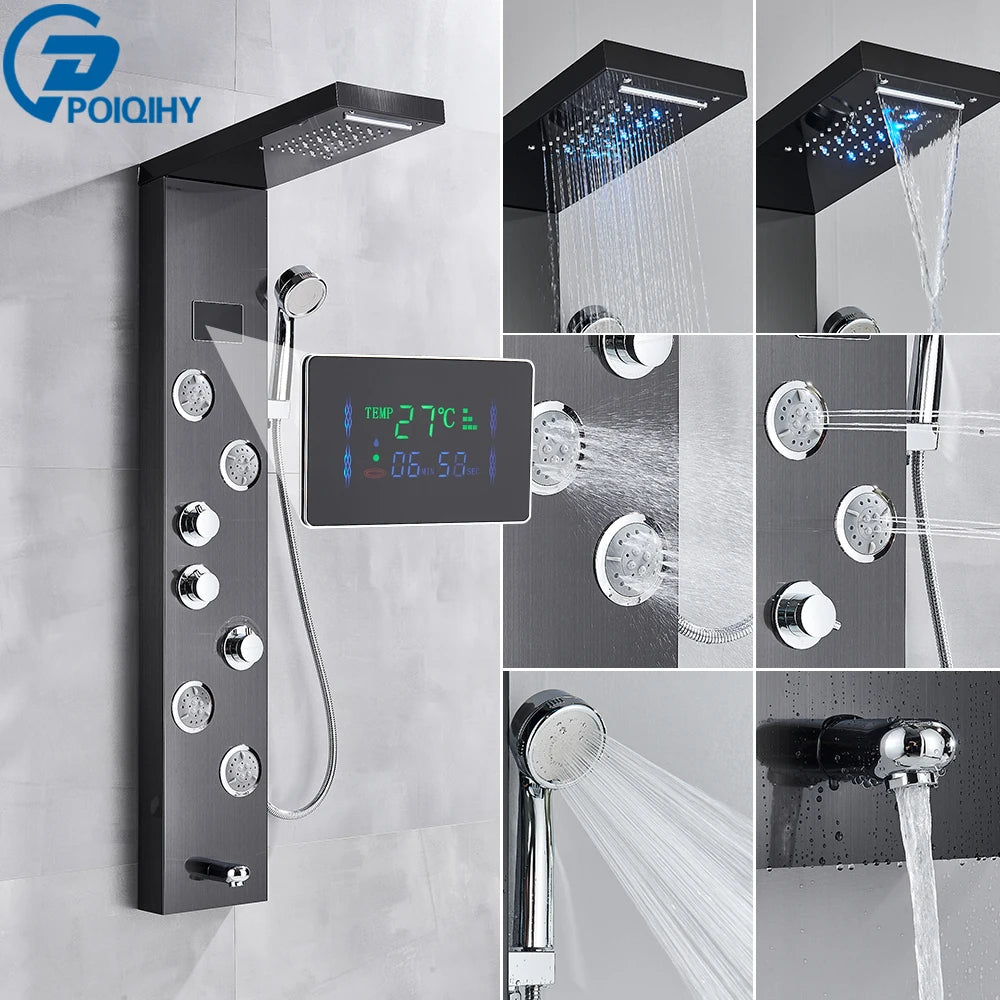 Black Bathroom Shower Panel Column Golden Rain Waterfall Shower Faucet Bidet Sprayer Tap SPA Massage Jet LED Bath Shower Set