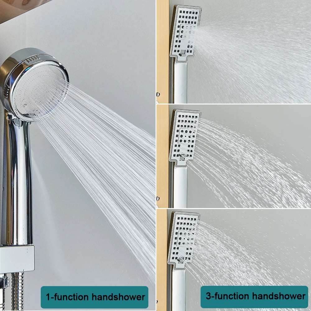 Black Bathroom Shower Panel Column Golden Rain Waterfall Shower Faucet Bidet Sprayer Tap SPA Massage Jet LED Bath Shower Set