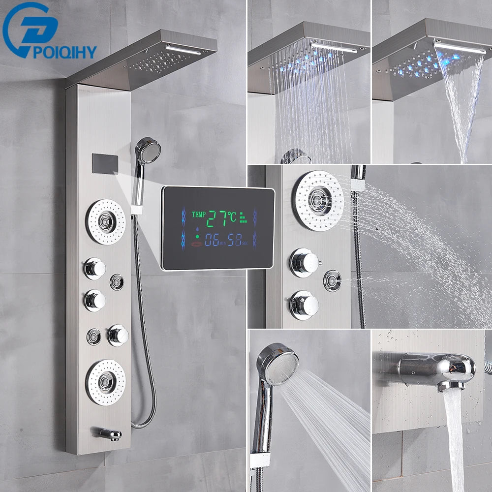 Black Bathroom Shower Panel Column Golden Rain Waterfall Shower Faucet Bidet Sprayer Tap SPA Massage Jet LED Bath Shower Set