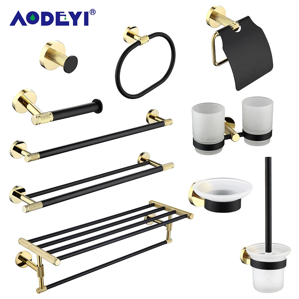 Bathroom Hardware Set Black Robe Hook Gold Towel Rail Bar Rack Bars Ring Shelf Tissue Brass Paper Holder Toothbrush Holder Brush