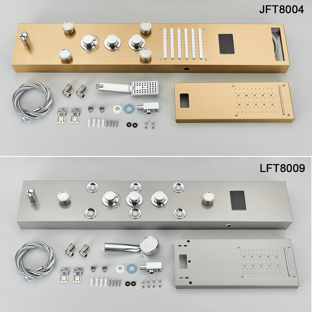 Black Bathroom Shower Panel Column Golden Rain Waterfall Shower Faucet Bidet Sprayer Tap SPA Massage Jet LED Bath Shower Set