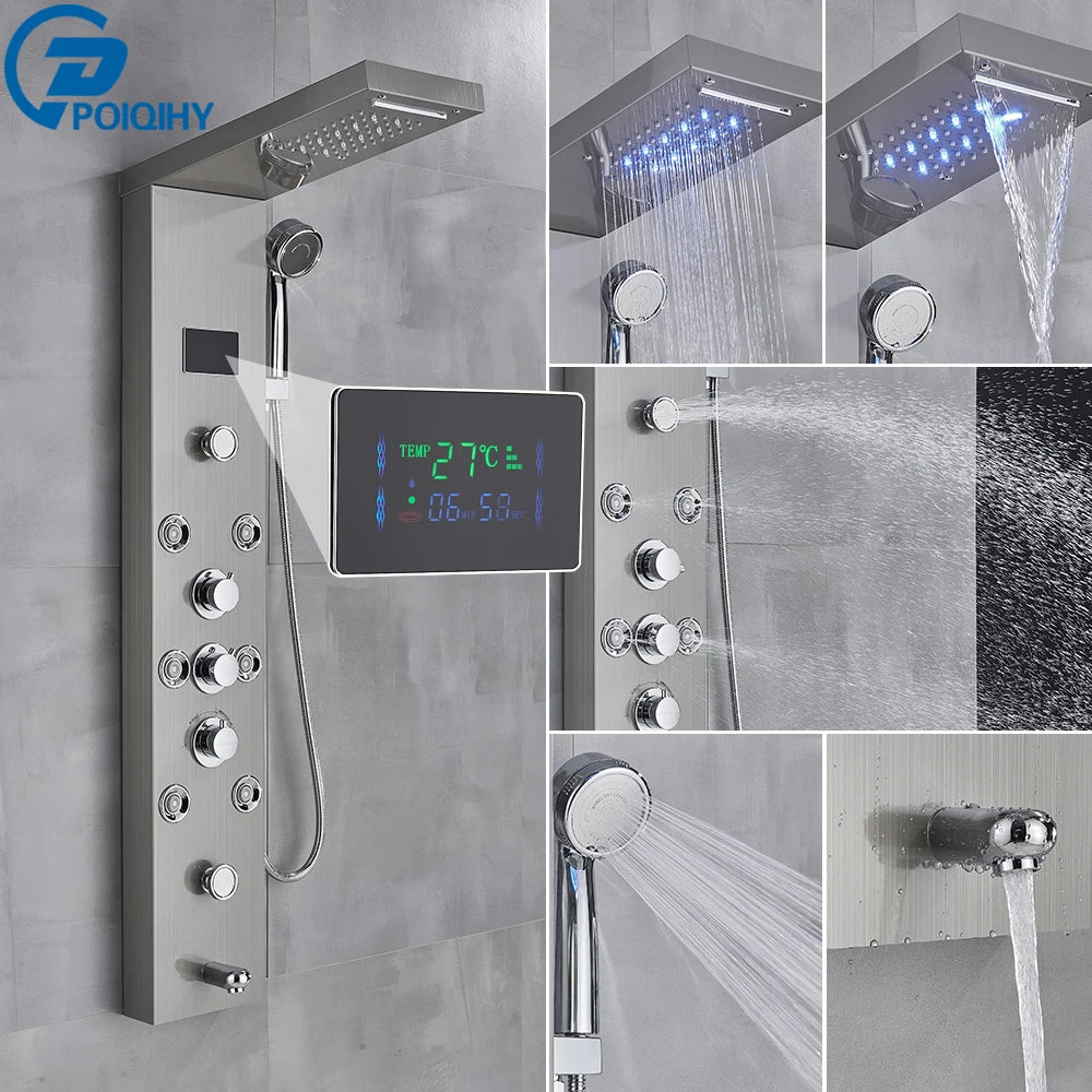 Black Bathroom Shower Panel Column Golden Rain Waterfall Shower Faucet Bidet Sprayer Tap SPA Massage Jet LED Bath Shower Set