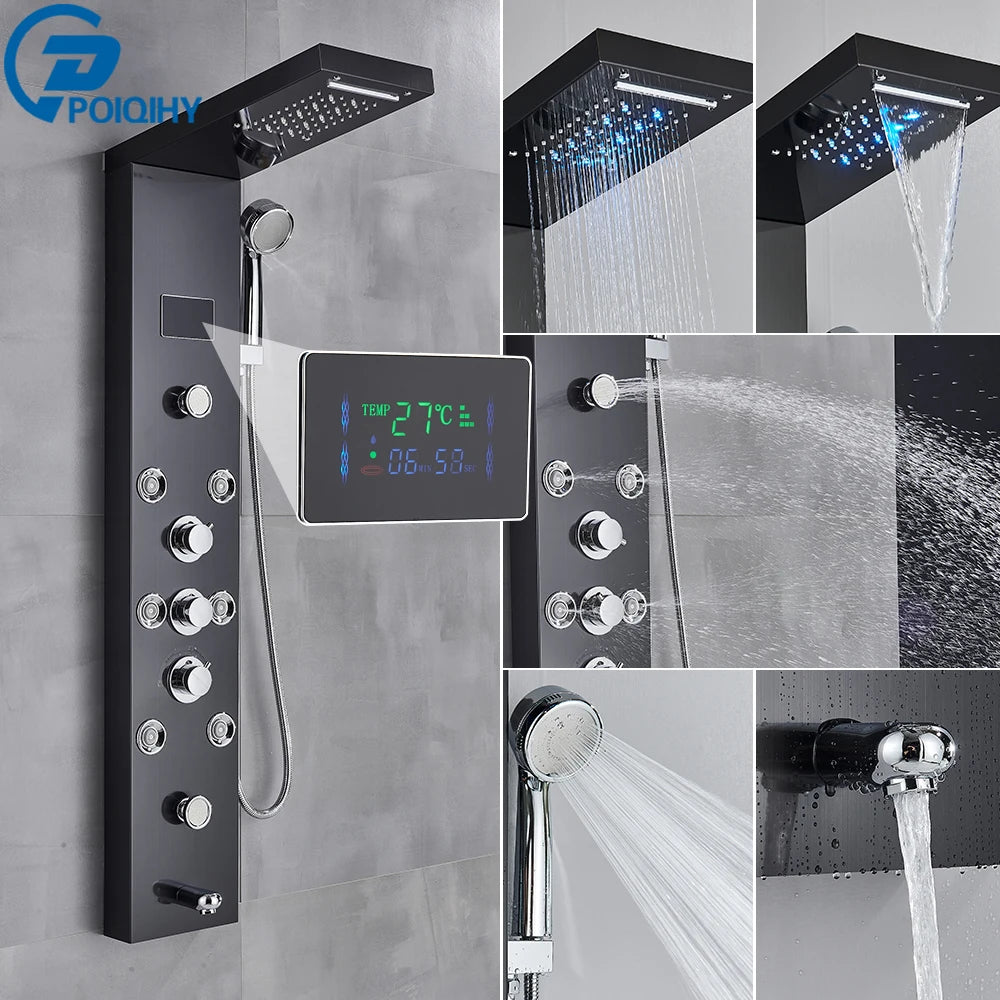 Black Bathroom Shower Panel Column Golden Rain Waterfall Shower Faucet Bidet Sprayer Tap SPA Massage Jet LED Bath Shower Set