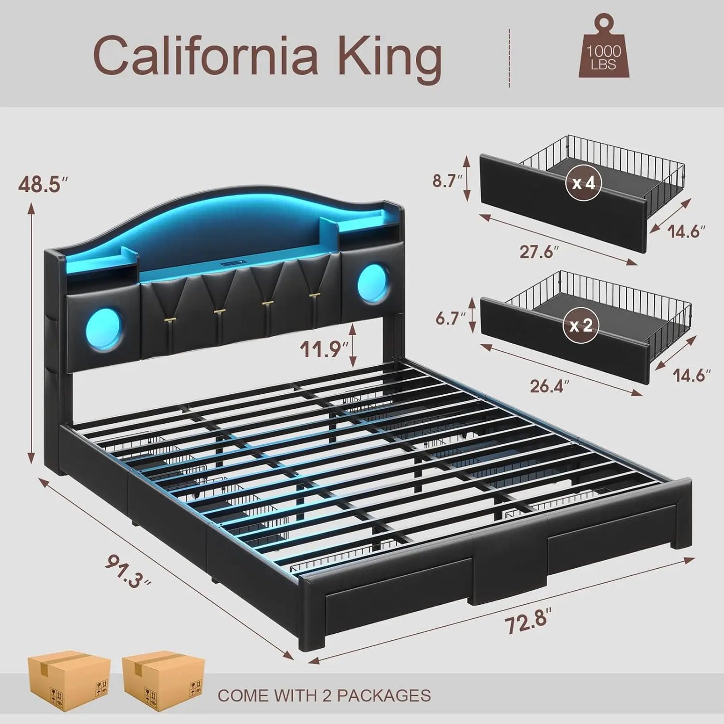 Cal King Bed Frame Storage Headboard 6 Drawers LED Lights Charging Station Noise-Free Easy Assembly PU Customized