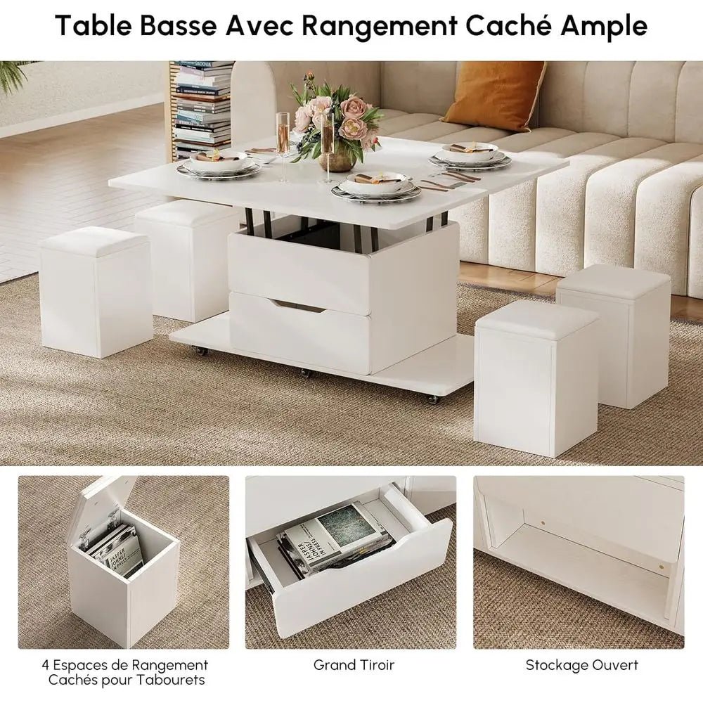 ZHUXIANG Lift Top Coffee Table With Storage And Stool Set