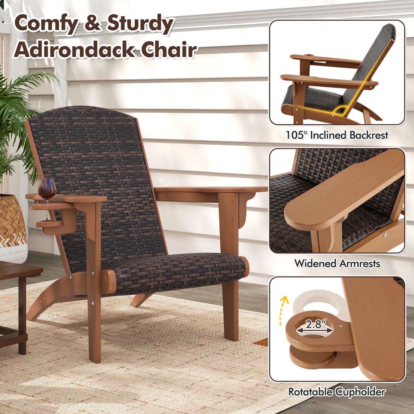 Patio Adirondack Chair w/ Rattan Padded Seat Wide Armrests & Hidden Cupholder