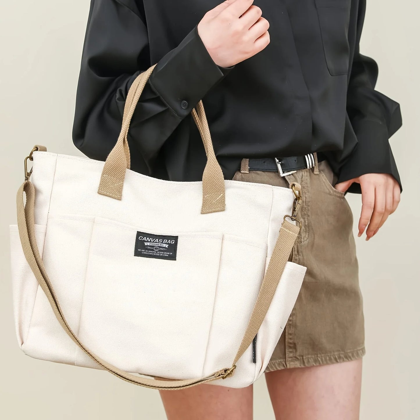 Nylon Multi Pocket Tote Bag With Casual Crossbody Design