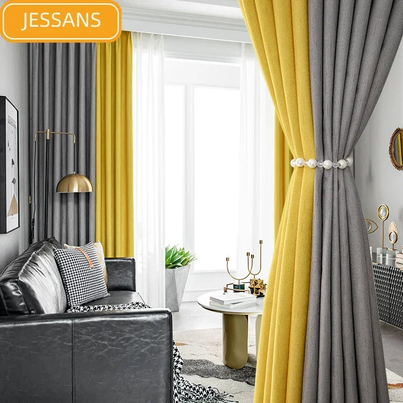 Nordic Light Luxury Meteor Cotton Linen Stitching Curtains Blackout Curtains for Living Room Bedroom Finished Customization