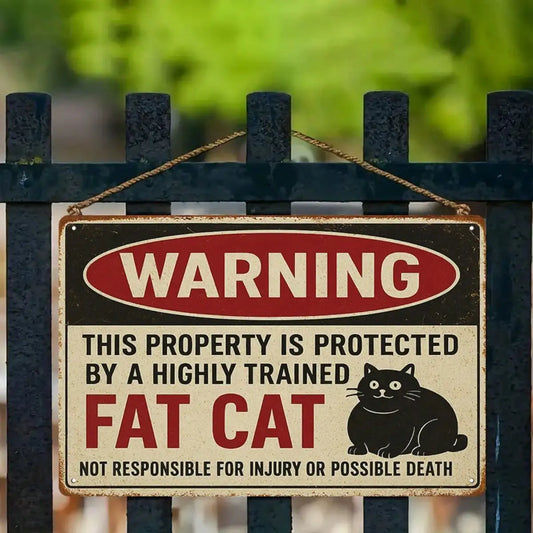 1PC Tin Sign Humorous Warning Protected By Fat Cat - Home/Office Decor, Retro Design, 8x12 Inches / 20x30 Cm