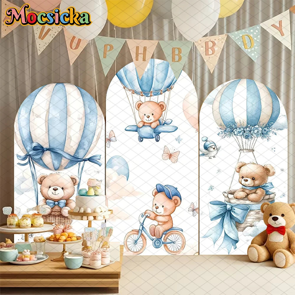 Mocsicka Bear Arch Backdrop Cover Baby Shower Birthday Party Arched Background Props Hot Air Balloon Pattern Art Decor Photocall