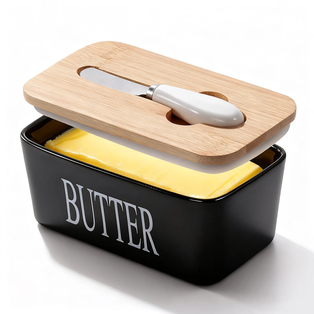 Ceramic Butter Dish With Bamboo Lid Built In Knife And Butter Keeper