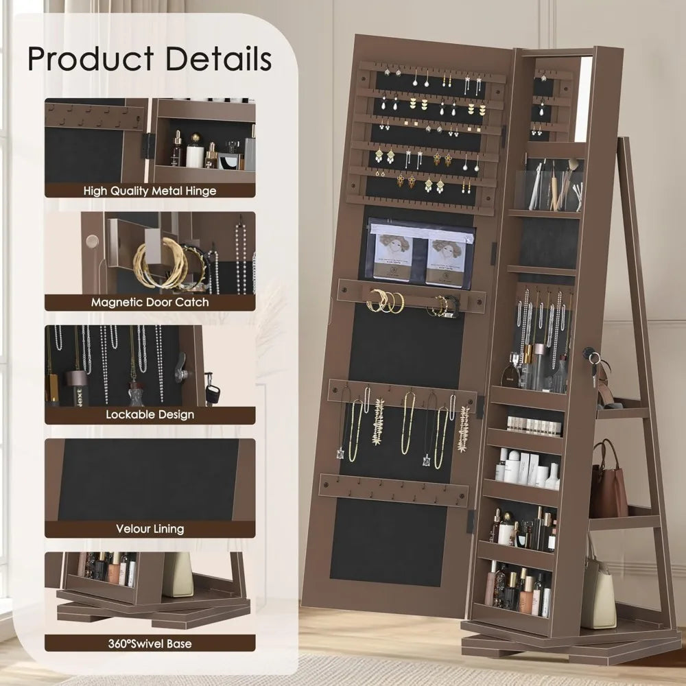 360° Rotating Full-Length Mirror Jewelry Cabinet, Standing Mirror with Jewelry Storage, Makeup Organizer & Lock