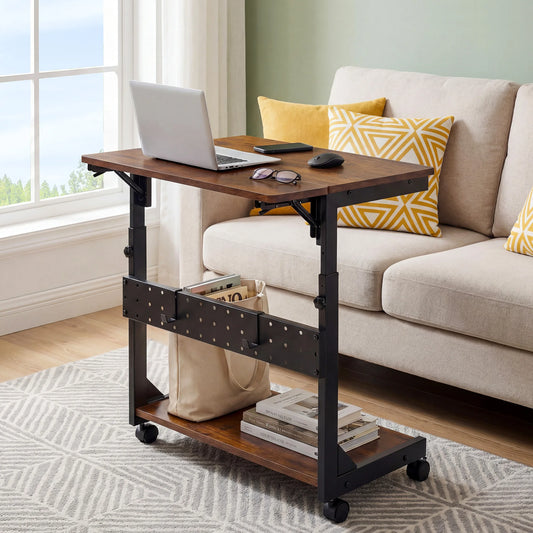 JHK 2-Tier Mobile Standing Sofa Desk 25IN Height Adjustable PC Stand with Folding Panel Rolling Computer Cart Desk For Home